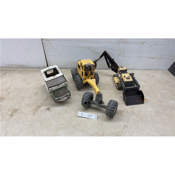 Vintage Tonka Pressed Steel Toys: Camper Pickup, Mighty Grader, and Mighty Shovel, Late 1960s-1970s