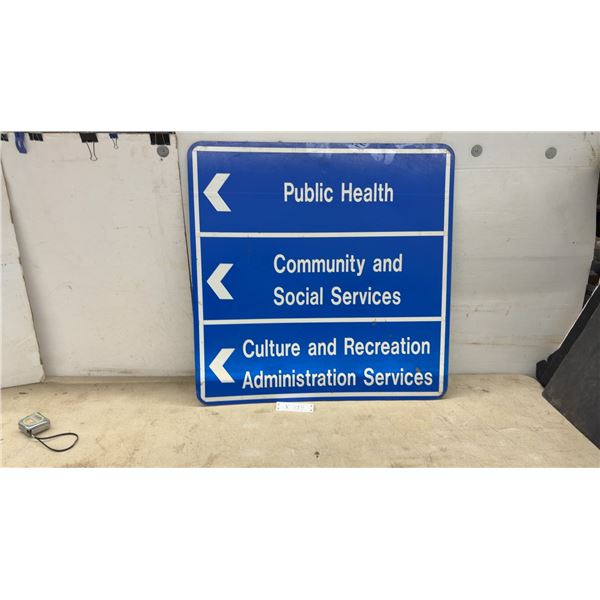 Blue Metal Directional Sign, Public Health, Community and Social Services, Culture and Recreation