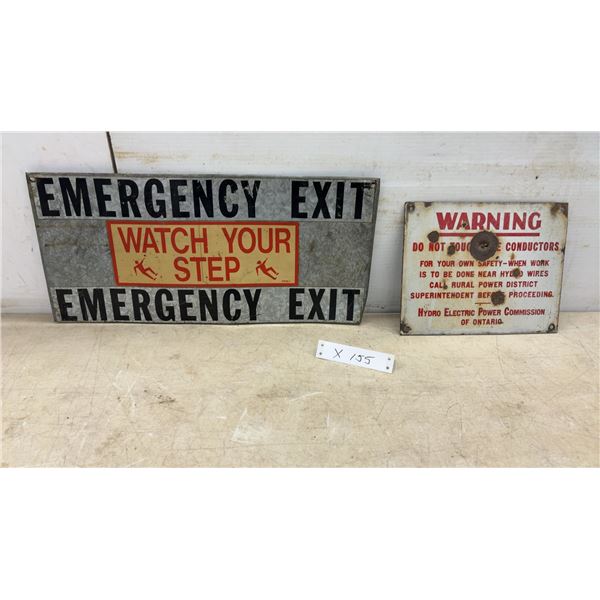 Vintage Galvanized Steel Emergency Exit Watch Your Step Sign, 9 × 19” and Hydro Warning Sign