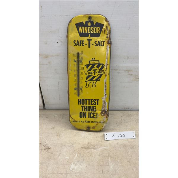 Vintage Windsor Safe-T-Salt "Hottest Thing on Ice" Metal Advertising Thermometer Sign, 16 × 6”