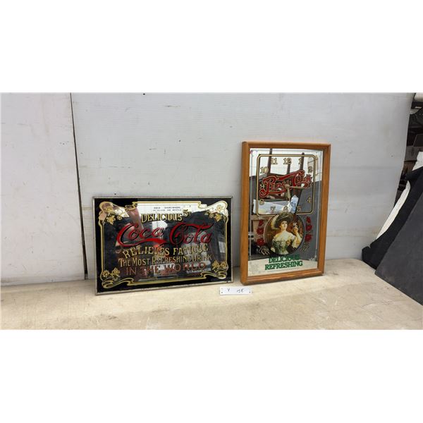 Vintage-Style Coca-Cola Advertising Mirror, 12 × 18” and Pepsi-Cola Framed Mirror Clock, 19 × 13”
