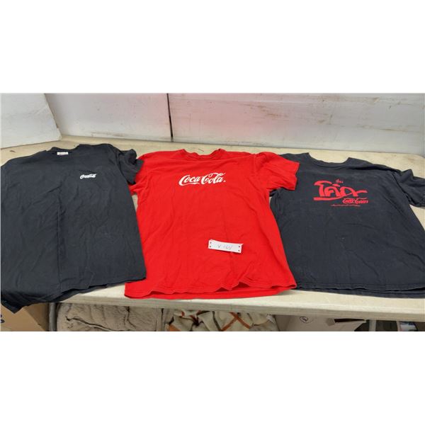 Three Coca-Cola T-Shirts: Two Black, One Red with Thai Script, and One Red with Classic Logo, Sz