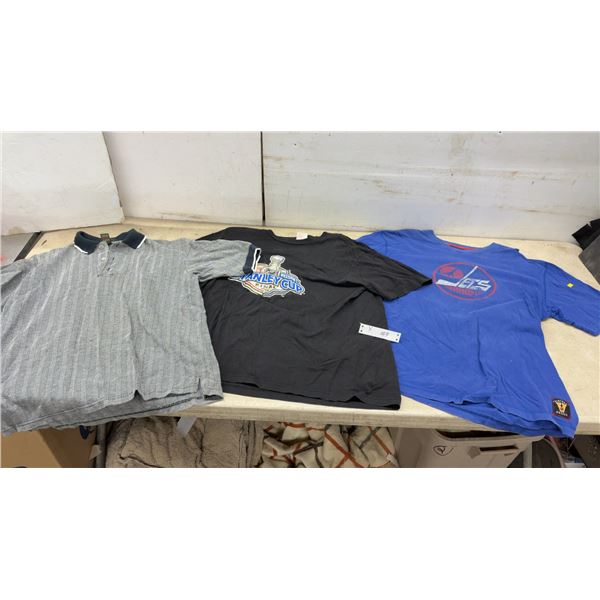 Striped Polo with Coke advertising, 2006 Stanley Cup Final Tee, and Winnipeg Jets Vintage Hockey