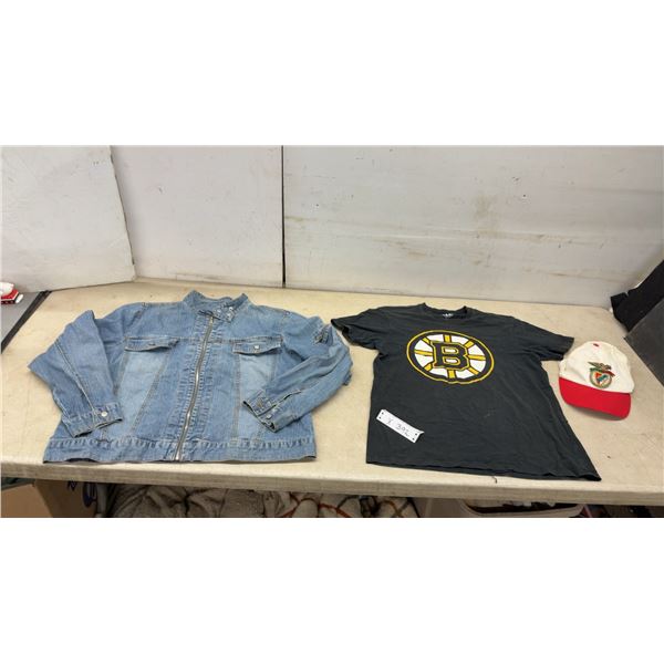 Denim Jacket, OTS Boston Bruins T-Shirt and Benfica Cap