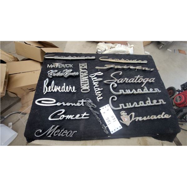 16 Vintage American Automotive Script Badges and Emblems, Ford, Chrysler, Chevrolet, 1950s-1970s
