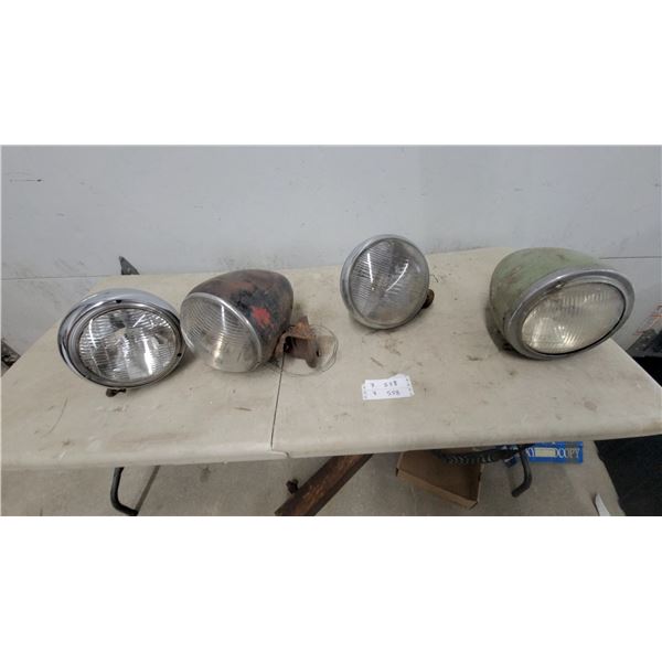 Lot of Vintage Automotive Headlamps, Round and Teardrop Shapes, Chrome and Painted Finishes