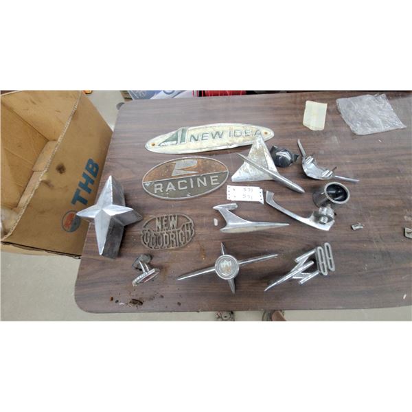Vintage Automotive and Agricultural Emblems Including New Idea, Racine, New Goodrich