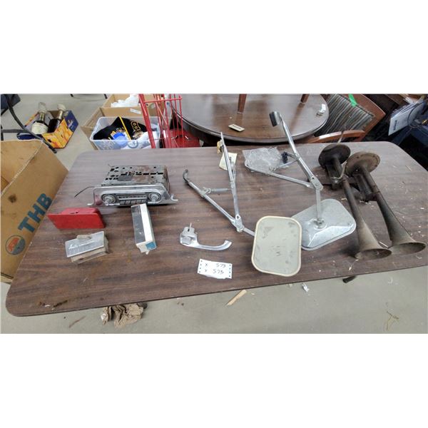 Vintage Automotive Parts: International Harvester Emblem, Radio, Horns, Mirrors