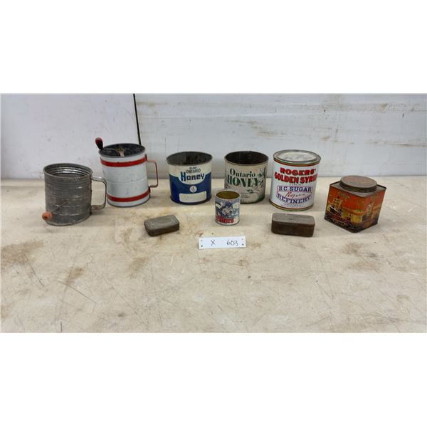 Vintage Tins Including Rogers' Golden Syrup, Ontario Honey, Riley's Toffee, Flour Sifters
