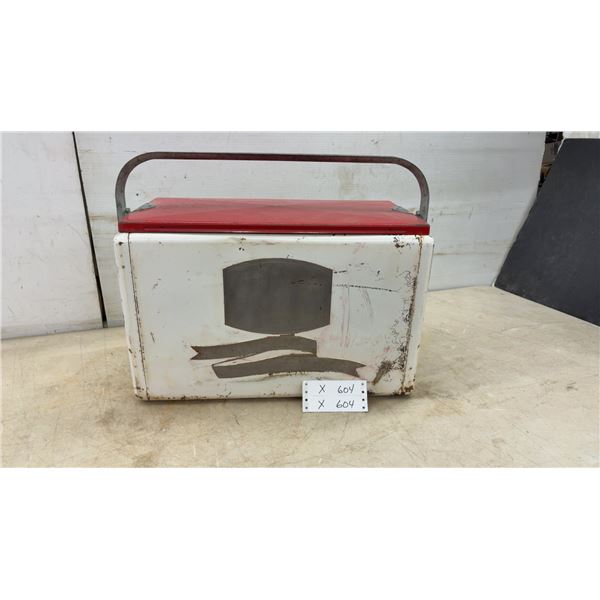 Vintage King-Seeley Thermos Metal Chest Cooler, with Schmidt Beer Advertising, White with Red Lid