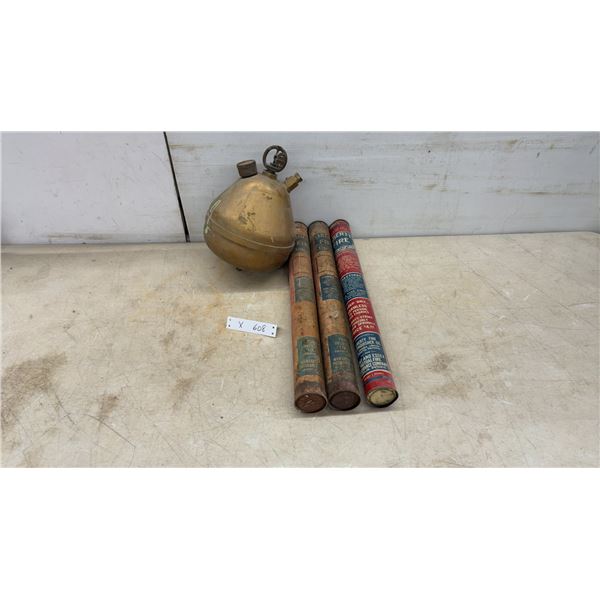 Vintage Brass Hanging Stop-Fire-SP-30 Fire Extinguisher and 3 Liberty Fire Extinguisher