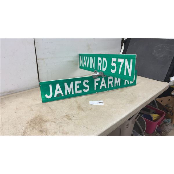 Reflective Street Signs, "Navin Rd 57N" and "James Farm Rd" with Mounting Bracket