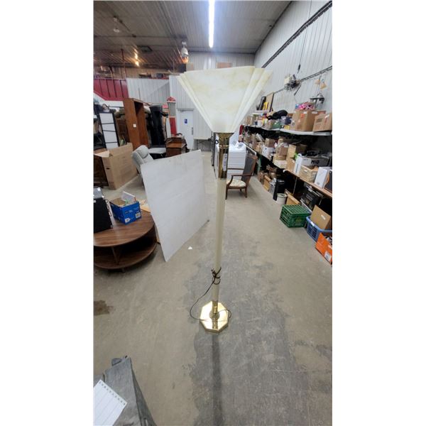 Art Deco Revival Torchiere Floor Lamp With Tiered Faux Alabaster Shade and Brass Base, c. 1980s