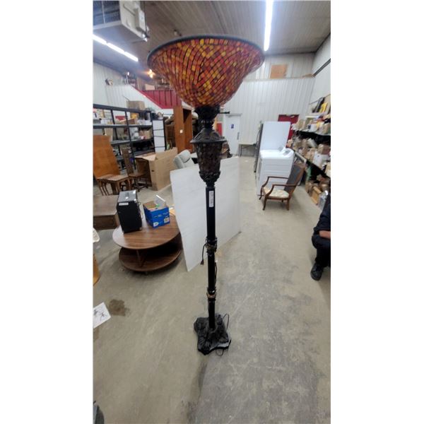 Tiffany-Style Mosaic Glass Torchiere Floor Lamp with Ornate Bronze-Finish Base