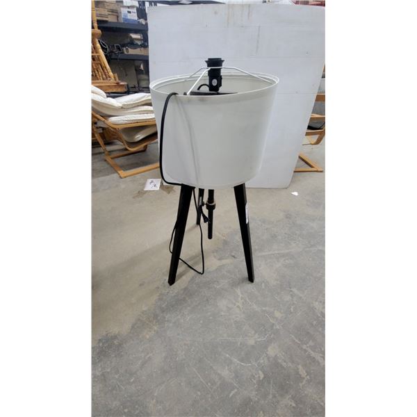 Modern Tripod Floor Lamp with Black Wooden Base and White Drum Shade