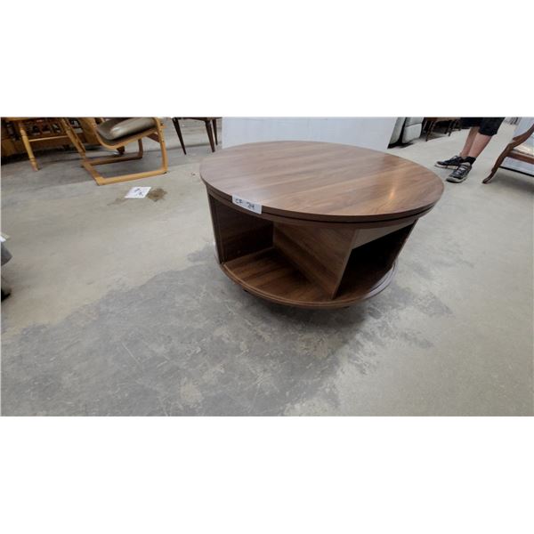 Modern Round Swivel-Top Coffee Table, Walnut Finish, Riser Top