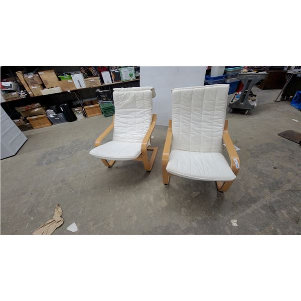 Pair of IKEA Poäng Armchairs with Birch Veneer Frames and White Quilted Fabric Cushions