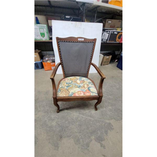 Antique High-Back Armchair with Nailhead Trim, Mesh Back, and Floral Upholstered Seat needs cushion