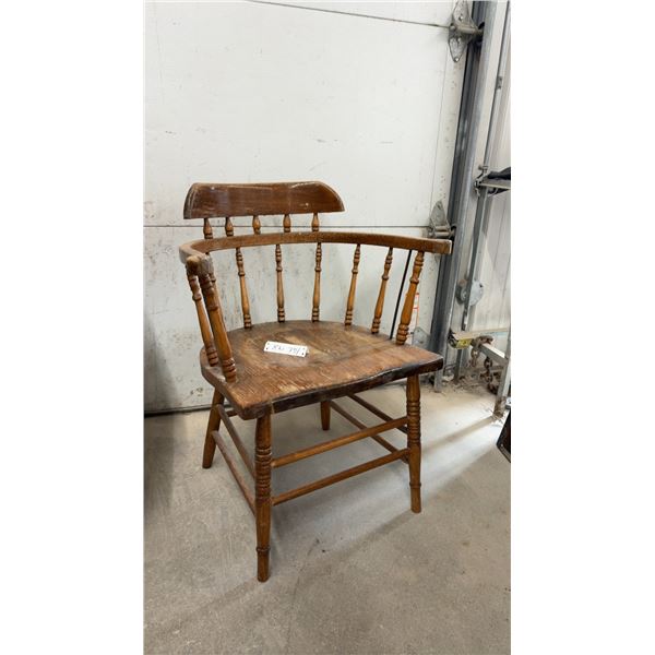 Antique Wooden Captain's Chair With Curved Spindle Back and Turned Legs