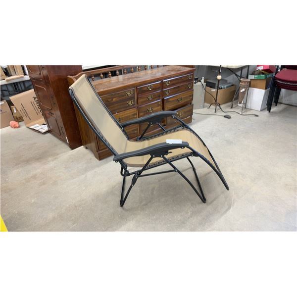Zero-Gravity Reclining Chair with Tan Fabric, Black Metal Frame, and Elastic Cord Suspension