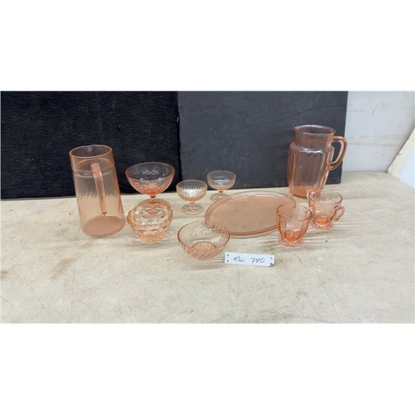 Pink Depression Glass Collection Including Pitchers, Bowls, Tray, and Creamer and Sugar Set
