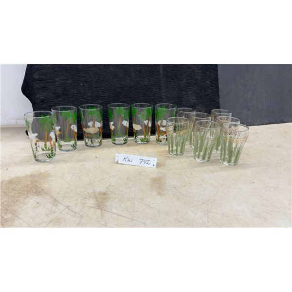 Vintage Drinking Glasses with Palm Tree and Gold Scrollwork Designs