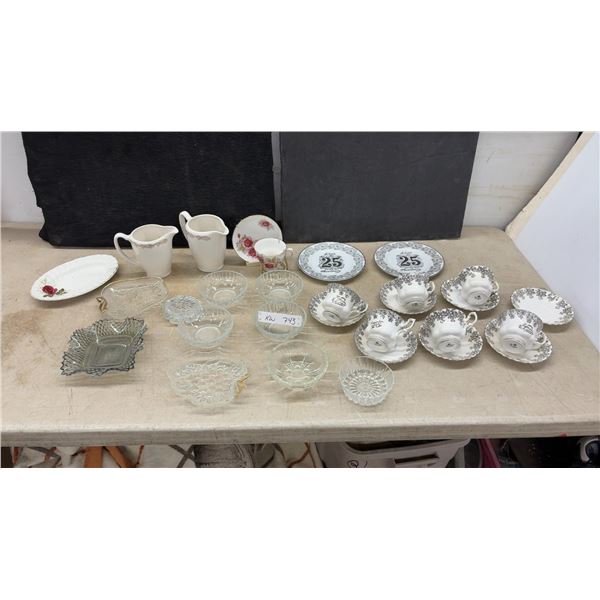 Silver 25th Anniversary Porcelain Tea Set with Cups, Saucers, Plates, Glass Bowls