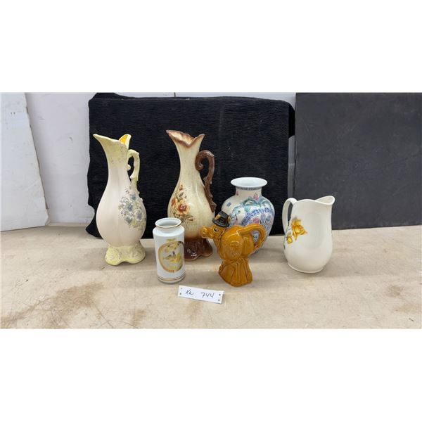 Assortment of Ceramic Pitchers and Vases Including Chokin Art 24KT Gold Vase