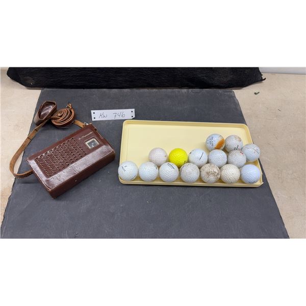 Matsushita T-10 6-Transistor Portable Radio With Leather Case and Assorted Golf Balls