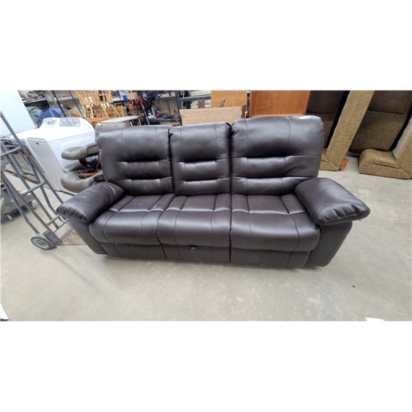 Dark Brown Faux Leather Three-Seater Reclining Sofa With Tufted Cushions 87” wide