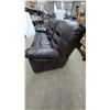 Image 2 : Dark Brown Faux Leather Three-Seater Reclining Sofa With Tufted Cushions 87” wide