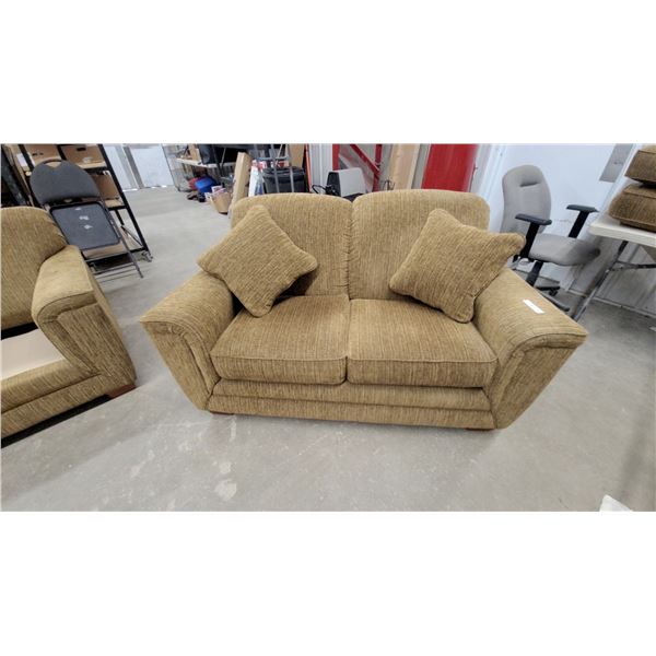 Gold Upholstered Sofa and Loveseat Set With Rolled Arms and Throw Pillows 62” wide