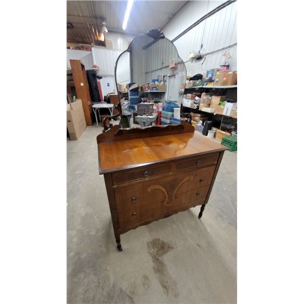 Antique Art Deco Wooden Dresser With Shell-Carved Vanity Mirror and Scrolled Supports, 67”×18”×40”
