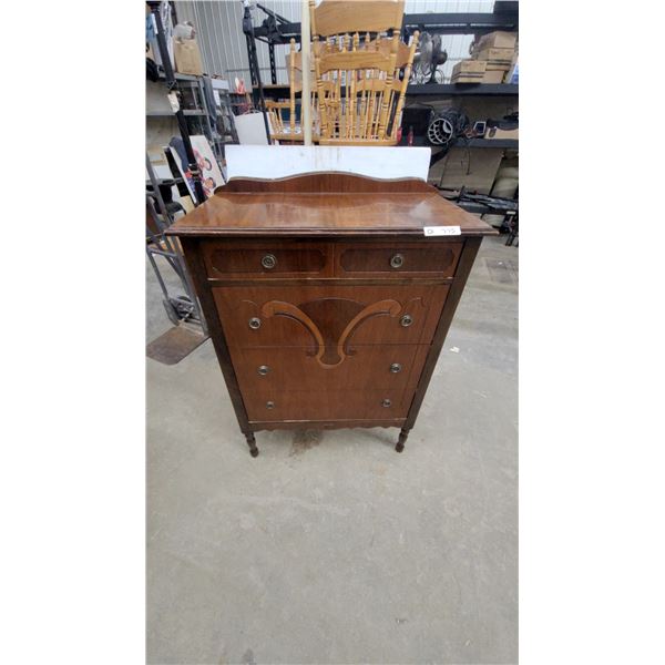 Art Deco Wooden Chest of Drawers with Veneer Pattern and Ring Pulls 45”×32”×17”
