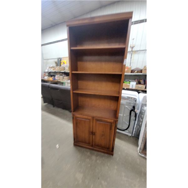 Wooden Bookcase with 4 Open Shelves and Two-Door Bottom Cabinet, Medium Brown Finish 84”×32”×12”