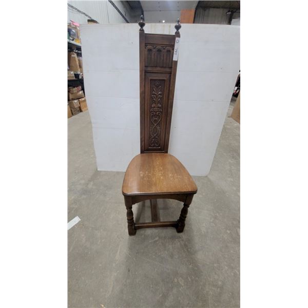 Antique Carved Wooden High-Back Side Chair with Finials and Gothic Revival Foliate Motifs