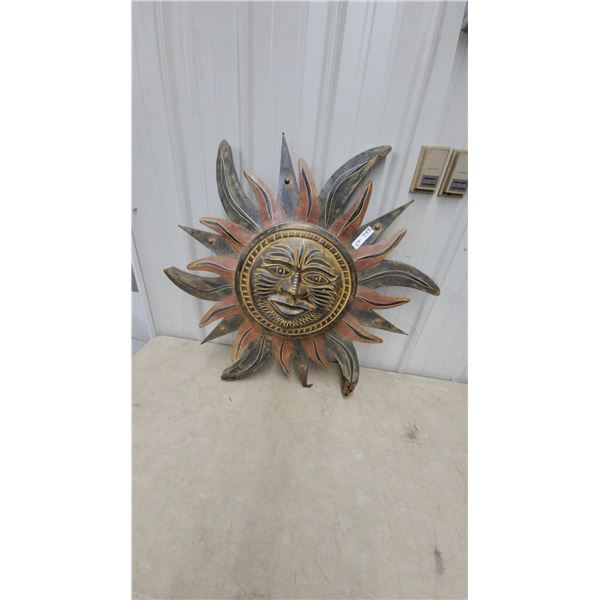 Large Decorative Carved Sun Face Wall Hanging, Gold and Bronze Tones, 36” Dia.
