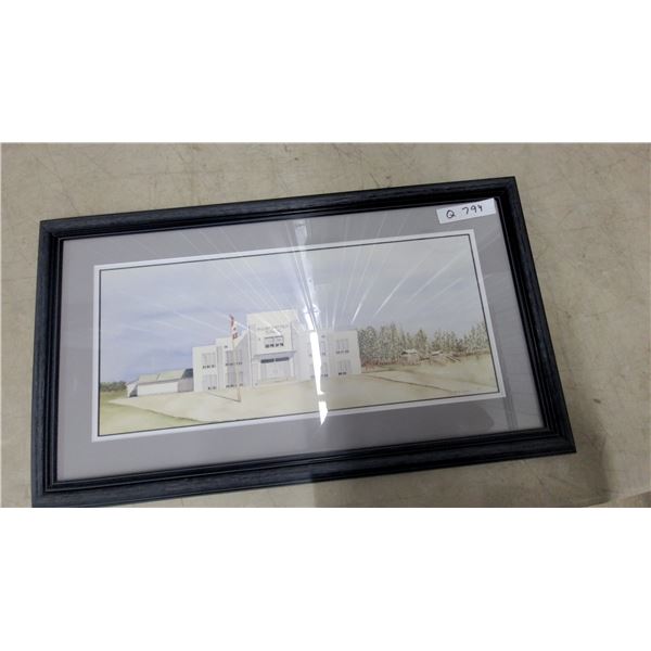 Framed Watercolor Painting of Mountbatten School by Joie Coupe, 1982 16”×29”
