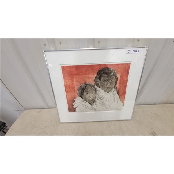 Framed Etching Print of Two Children on Red Background, Signed "SAB," Silver Frame 21”×24” hand