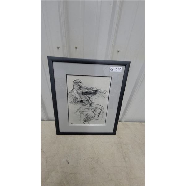 Framed Charcoal Sketch of Bearded Violinist, Signed, Black Frame With Gray Mat 17”×20”
