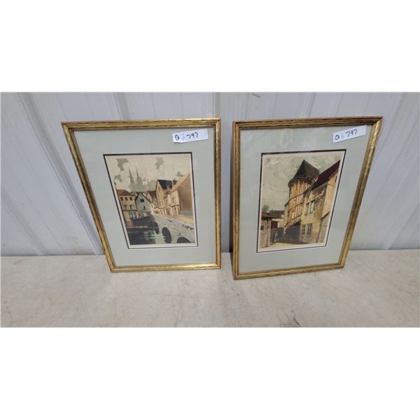 Set of 2 Framed European Cityscape Art Prints in Gold Frames with Grey Mats 15”×18”