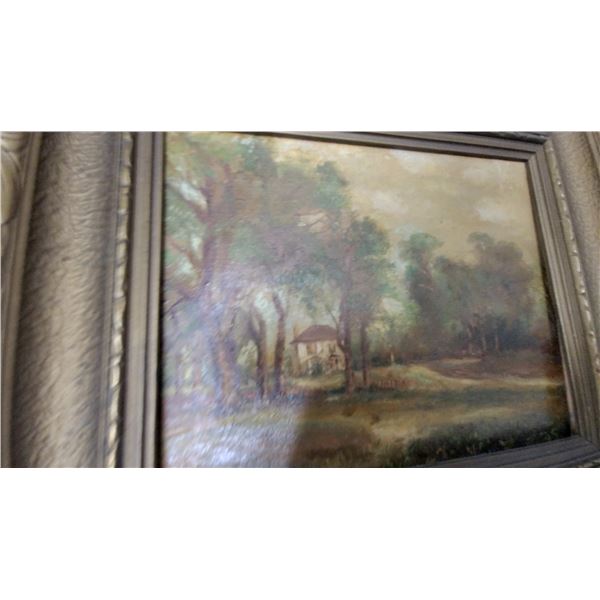 Antique Framed Oil Painting Sylvan Landscape with Cottage in Ornate Gold-Toned Frame 13”×15”