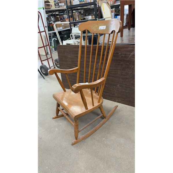 Vintage Wooden Spindle-Back Rocking Chair With Stenciled Gold Floral Motif and Turned Legs