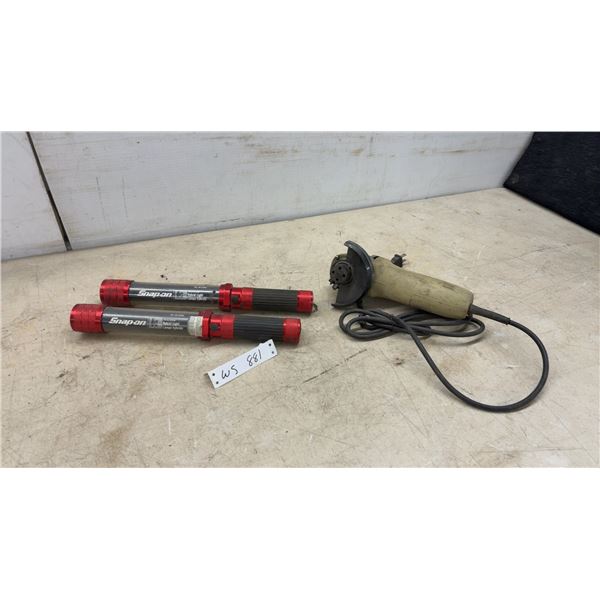 Two Snap-on 922680 LED Hybrid Lights (4 AA-Cell) and Corded Electric Angle Grinder