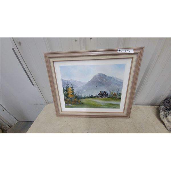 Framed Landscape Painting by Nora, House in Field with Mountains and Autumn Trees 20”×24”