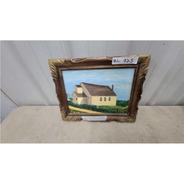 Framed Oil Painting of Building by Blind Patient, Signed "FAR" 12”×15”
