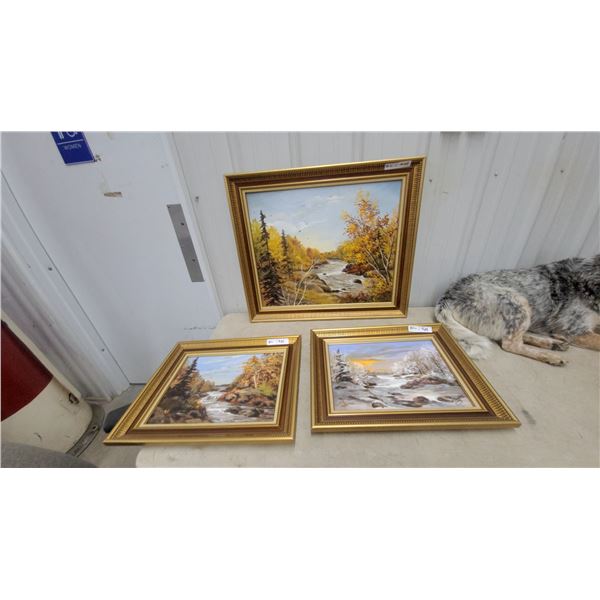 Set of Three M. Clark Original Autumn Landscape Oil Paintings, Gold Framed