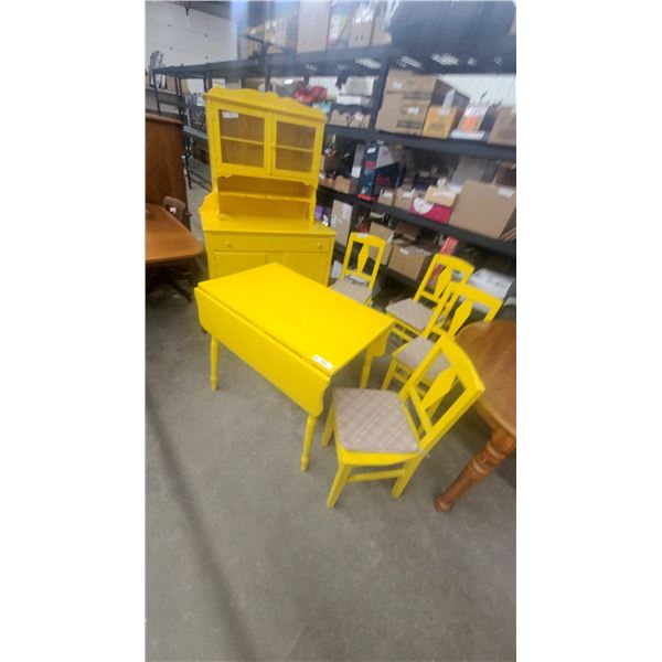 Yellow Painted Vintage Dining Set: Hutch, Drop-Leaf Table, and Four Chairs