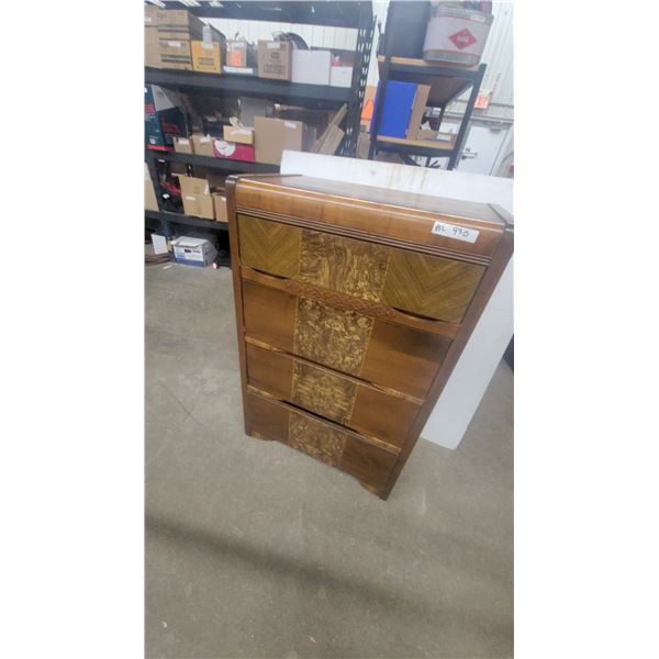Art Deco Waterfall Tallboy Chest of Drawers, 5-Drawer With Burl Veneer, circa 1930s 44”×28”×16”