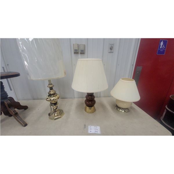 Set of Three Table Lamps with Pleated Fabric Shades, Ceramic, Wood, and Brass Bases